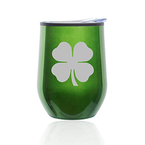 Purple 12 oz Double Wall Vacuum Insulated Stainless Steel Stemless Wine Tumbler Glass Coffee Travel Mug With Lid 4 Leaf Clover Shamrock 